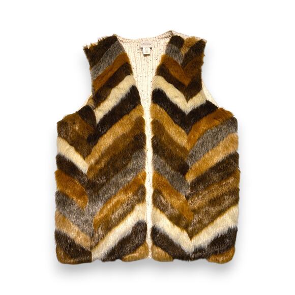 Vintage Chico's Faux Fur Brown Chevron Vest Knit Back Size 0 S/M - Picture 3 of 8